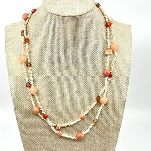 Vintage Boho Earth Tone Beaded Layering Necklace Peach Terracotta Cream‎ Retro